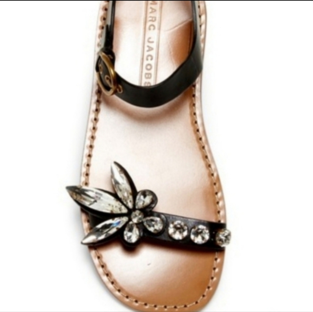 Marc Jacobs Black Leather Jeweled Flower Flat Sandals